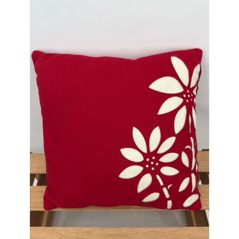Red White Laser Cut Poinsettia Decorative Wool Throw Pillow Square Accent 14sq"